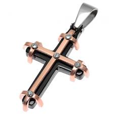 Tri-Colored Stainless Steel Cross Pendant w/ Faux Screw Design